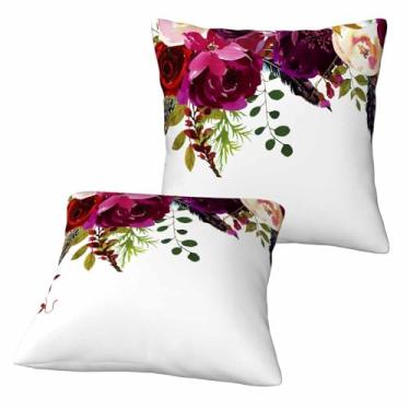 Imagem de LoLo UoUo Conjunto de 2 capas de almofada de folhas aquarela rosa borgonha 45,7 x 45,7 cm, elegante, flores, folhagem, buquê de flores, fronha, fronha, com zíper, casa, decoração ao ar livre, quadrada