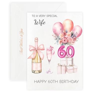 Imagem de MAGJUCHE Cartões de aniversário para esposa – Cartão de feliz aniversário de 60 anos do marido para ela, elegante cartão de felicitações para mulheres com envelope e selo de cera, 12 x 18 cm