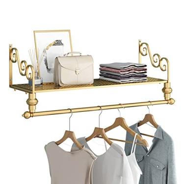Imagem de CHBGLNTY Prateleira de exibição de metal resistente para loja de roupas para homens e mulheres, moderna e simples, cabide de parede com placa superior de metal, barra para roupas, toalheiro para