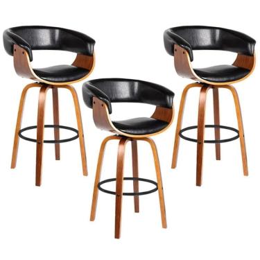 Imagem de Kit 3 Banquetas Giratória Alta Com Encosto Base Madeira Ravi R02 Sintético Preto - Mpozenato