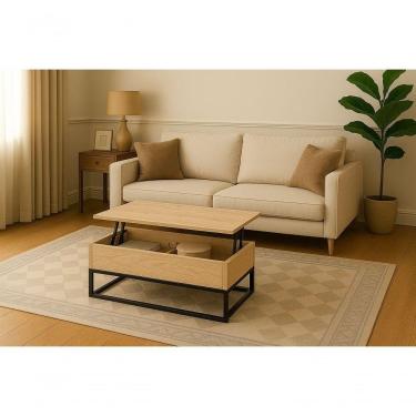 Imagem de Mesa De Centro Baú Elevável Amadeirado Claro | Vira Mesa De Apoio | Mdf 15mm E Ferro