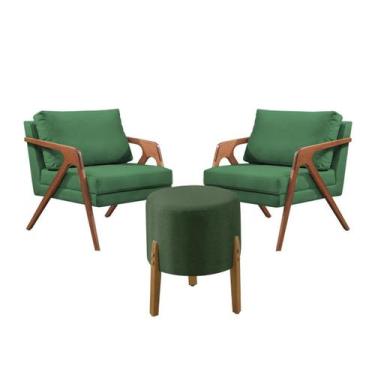 Imagem de 2 Poltronas Mona Decorativa + 1 Puff Thor Linho Verde Base em Madeira 