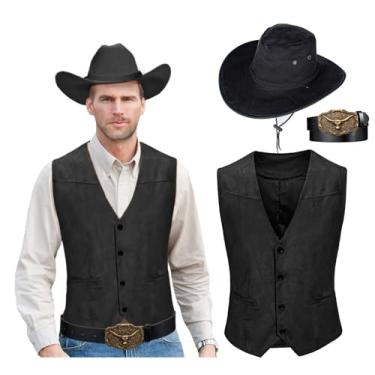 Imagem de KAIPUTE Colete masculino com cinto para fantasia de cowboy ocidental para festa de Halloween e cosplay, Preto, XXG