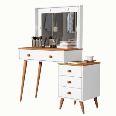 Imagem de Penteadeira Camarim Com Mesa De Cabeceira Espelho Led 4 Gavetas Pés Em Madeira Branco / Nature