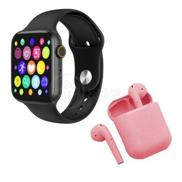 Imagem de Kit Smartwatch Relógio Preto + Fone Inpods 12 Rosa Sem Fio