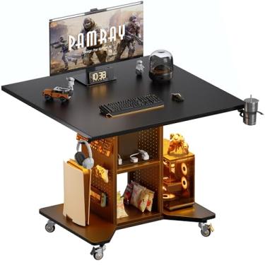 Imagem de Pamray Mesa de jogos pequena com rodinhas com luzes de LED, tomadas de energia e quadro de armazenamento, mesa compacta para computador PC com espaços pequenos