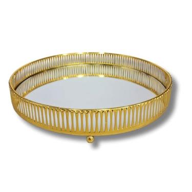 Imagem de Bandeja Decorativa Luxo Espelhada em Metal Redonda Estampa Grelha Banheiro Lavabo Multiuso Casa (Dourada)