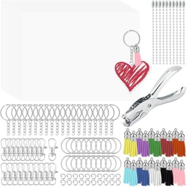 Imagem de ArtCute Kit de chaveiro com 171 folhas de plástico retrátil, inclui folhas de papel termorretráteis com chaveiros, kit de chaveiros, borlas, furador para artesanato criativo e chaveiros