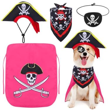 Imagem de Huhumy Conjunto de 4 peças de fantasia de pirata de cachorro chapéu de pirata de animal de estimação caveira triângulo bandana filhote de cachorro capa e máscara de olho para roupas de Halloween