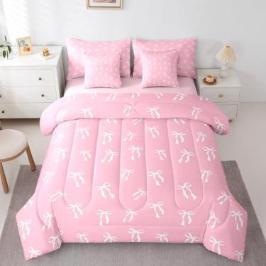 Imagem de Erosebridal Conjunto de cama com laço de desenho animado branco romântico princesa rosa (edredom + elástico + lençol de cima + 2 fronhas + 2 fronhas + 2 fronhas), conjunto de cama com laço de fantasia