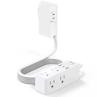 Imagem de Protetor contra surtos de linha com cabo de extensão plano, capa de tomada 6 tomadas CA (3 extensores de tomadas) 3 portas USB (2 USB C), 1050 joules, plugue múltiplo para casa, escritório, faculdade