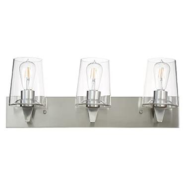 Imagem de EURON Luminária espelhada estilo moderno com 3 luzes para banheiro, arandela de parede para cozinha e sala de estar, persianas de vidro transparente na moldura de níquel escovado (exclui lâmpada)