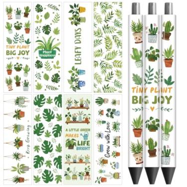 Imagem de Peacoblue Adesivo de transferência UV DTF envoltório verde vasos plantas - 48 peças à prova d'água impressão HD UV DTF caneta decalques adesivos para caneta lápis personalizada DIY artesanato