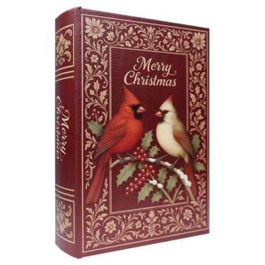 Imagem de XIAOAIKA Caixa de livro de madeira decorativa de Natal, caixas de livros falsas vintage com capa de couro, armazenamento secreto com fecho magnético, caixa de presente de feriado para decoração de