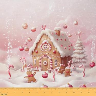 Imagem de Erosebridal Tecido de estofamento de homem de gengibre de Natal, tecido de decoração de Natal rosa por quintal, casa de gengibre fofa para uso interno e externo, 1 jarda