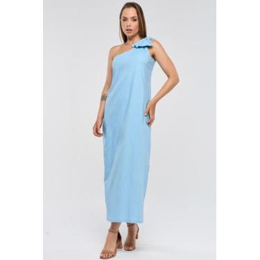 Imagem de Vestido Midi PKS Um Ombro Só Linho Azul, GG