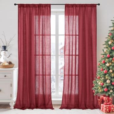 Imagem de BGment Cortinas longas semitransparentes de linho de 250 cm de comprimento para sala de estar, cortinas de janela leves bordô para quarto decoração de Natal com bolso para varão textura rústica