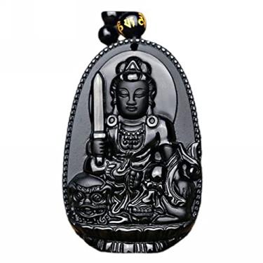 Imagem de Colar 100% obsidiana preta natural Natal Buda Guan Yin bodhisattva amuleto da sorte corrente com pingente de contas, Gema, Obsidiana