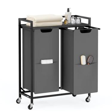 Imagem de VASAGLE Organizador de lavanderia, 110 L, cesto de roupa suja com 2 compartimentos, carrinho de rodinhas com rodas, prateleira, sacos removíveis, bolsos, cinza ardósia e cinza carvão UBLH021G01