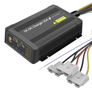 Imagem de Venveal Carregador de bateria de 12V 25A CC para CC com MPPT, carregador de bateria inteligente à prova d'água IP68 com plugue Anderson solar e alternador de entrada dupla, serve para LiFePO4, AGM