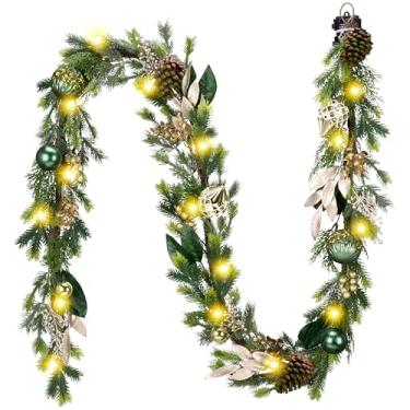 Imagem de Decorbyhannah Guirlanda de Natal com luzes, guirlanda de verdura artificial de 2,7 m, decorações de Natal com pinha e enfeites de ouro verde, guirlanda operada por bateria para casamento