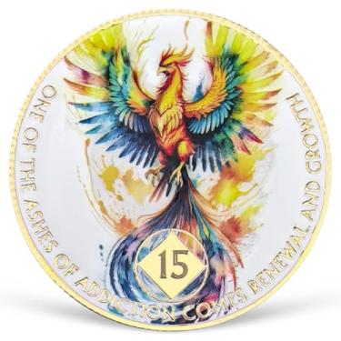 Imagem de Medalhão colorido de 15 anos NA Medalhão NA AA Moeda de Sobriedade com Serenity Prayer NA Recovery Chip Celebrando Vida Limpa e Sóbria 1-20 Anos Narcóticos Presentes Anônimos para Homens e Mulheres