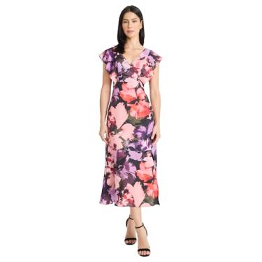 Imagem de Maggy London Vestido feminino floral decote V manga esvoaçante midi fit & flare casamento convidada, Vinho profundo/coral claro, 44