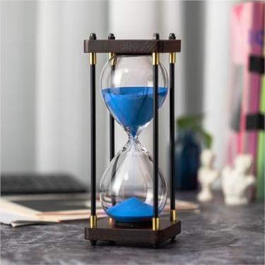 Imagem de ELAINESTORE Temporizador de ampulheta de 60 minutos, moldura de madeira metálica decorativa para areia (areia azul, tamanho grande)