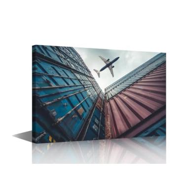 Imagem de TUMOVO 1 peça de arte de parede impressa em tela para escritório laranja cavalos azuis arte de parede logística painéis de madeira avião de carga logística parede arte colorida recipiente carga para