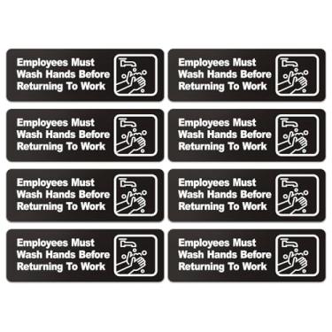 Imagem de Faittoo Employees Must Wash Hands Before Returning to Work Sign, (pacote com 8) Placa de plástico acrílico de 23 x 7,6 cm com símbolos, autoadesiva, para restaurante, hotel, motel, paradas de descanso