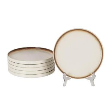 Imagem de MDZF SWEET HOME Pratos de jantar de cerâmica de 25 cm – Conjunto de 6, branco fosco com borda marrom, seguro para micro-ondas e lava-louças