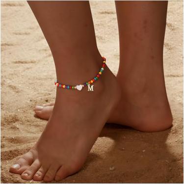 Imagem de Tornozeleira feminina com inicial Boho com contas coloridas feitas à mão, letra dourada, pingente de coração, boêmia, miçangas, tornozeleira, verão, praia, ornamento, presente para amiga, filha