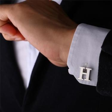 Imagem de Abotoaduras iniciais de aço inoxidável 26 abotoaduras de letra inicial do alfabeto camisas de casamento de negócios A-Z, One Size, Aço inoxidável, Sem Pedra Preciosa