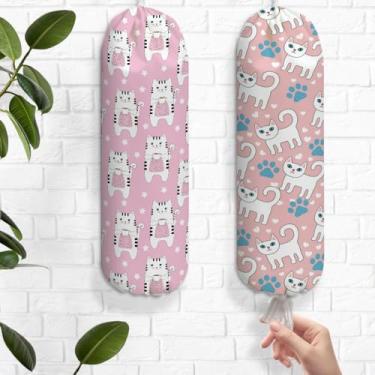 Imagem de 2 peças de porta-sacolas plásticas para gatos fofos para sacolas de compras, suporte de parede, reutilizável, organizador para armário de cozinha, despensa, presentes para amantes de gatos para
