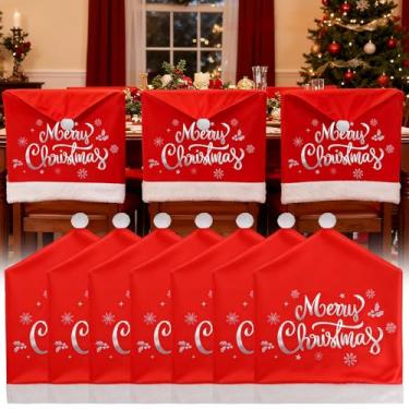 Imagem de ANPHSIN Conjunto de 6 capas de cadeira de Natal de pelúcia – capas traseiras de cadeira de chapéu de Papai Noel, capa vermelha para assento de sala de jantar para cozinha, casa, decorações de Feliz