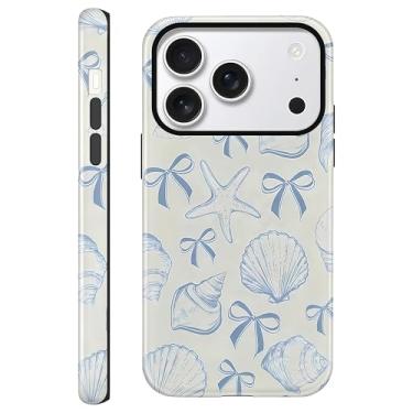 Imagem de CAINAT Capas estéticas para iPhone 17 Pro Max, design de concha com laço azul, capa protetora híbrida rígida de 2 camadas para mulheres e meninas