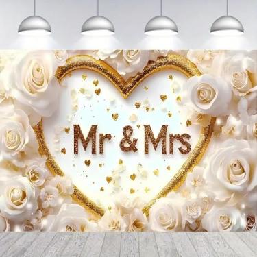 Imagem de Mr & Mrs Pano de fundo floral rosa branca para chá de panela com glitter coração dourado Mr Mrs Wedding Theme Photo Backgrounds para recepção chá de panela, aniversário, celebração, lua de mel