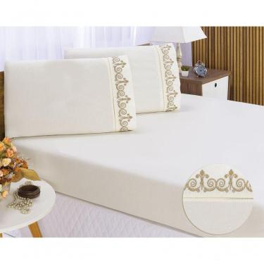 Imagem de Jogo Lençol Quarto Casal Queen Bordado 3peças Palha Caqui