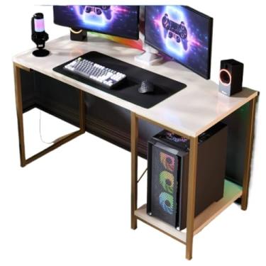 Imagem de Mesa Para Jogos Em Estilo Industrial Para EscritóRio DoméStico | Com Prateleira De Armazenamento, Adequada Para Computadores(Branco Dourado)