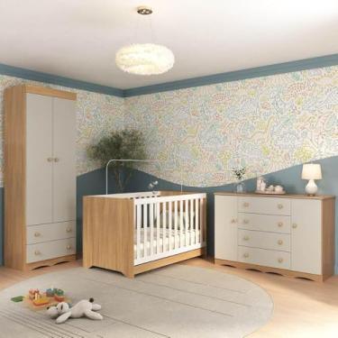 Imagem de Quarto de Bebê Completo com Berço Americano 3 em 1 Realeza Multimóveis Mp4595 Madeirado/off White