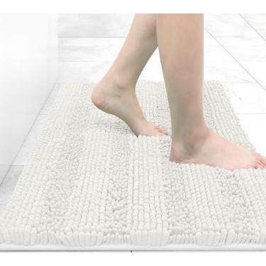 Imagem de Grandaily Tapetes de banheiro listrados de chenille 61 x 40 cm, tapetes de banho extra grossos e absorventes, tapete de chuveiro felpudo macio antiderrapante, lavar a seco na máquina, tapete de