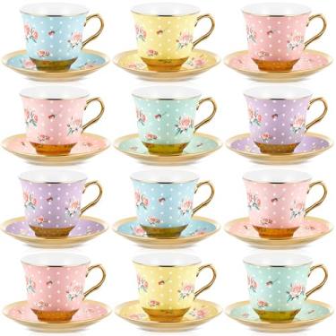 Imagem de Teenyyou Conjunto de 12 xícaras de chá e pires, decorações de festa de chá de porcelana floral, 153 g, presente britânico para mulheres, festa de aniversário, igreja e dia das mães (estilo vintage