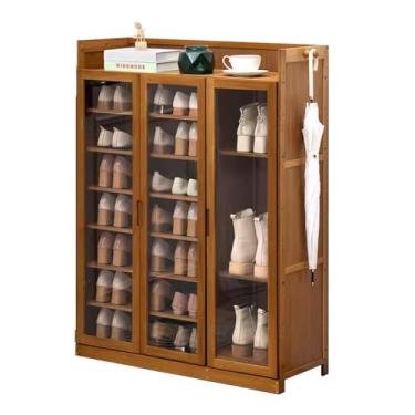 Imagem de Armário de armazenamento de sapatos com portas de acrílico, organizador de sapatos de entrada fino para 20-24 pares, armário de armazenamento de sapatos de bambu com 2 ganchos, economia de espaço para