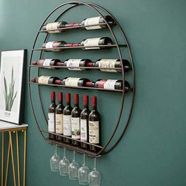 Imagem de Suporte de parede vintage para garrafa de vinho, suporte de parede redondo, metal, ferro, casa de fazenda, comporta até 16 garrafas de vinho e 5 xícaras de copos