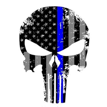 Imagem de Decalque de caveira do Justiceiro – Icônico e Patriótico – 14 x 10 cm, perfeito para personalizar motocicletas, capacetes, carros. Feito de vinil durável e apresenta o símbolo da linha azul fina