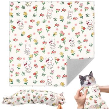 Imagem de Galaton Envoltório de cuidados para gatos de 70 cm para cortar unhas, tecido autoaderente com padrão de coelho para gatos, ferramenta multifuncional antiarranhões para escovar os dentes, limpeza de