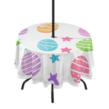 Imagem de Blueangle Toalha de mesa redonda impermeável com ovos coloridos de Páscoa de 152 cm com orifício para guarda-chuva - Tecido resistente à prova de sol para todos os climas para pátio, acampamento