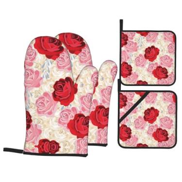 Imagem de Dia dos Namorados, coração, i Love - Conjunto de luvas de cozinha estampadas com suportes de tampa, luvas de forno resistentes ao calor para lidar com panelas quentes, grelhar, churrascos, kit de 4