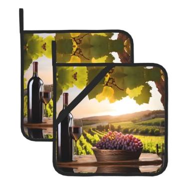 Imagem de Conjunto de tapete de panela quadrado resistente ao calor com estampa de vinho tinto, 2 tapetes antiderrapantes com alças para pendurar, para proteção de balcão de cozinha e mesa de jantar.