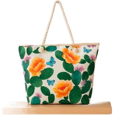 Imagem de Bolsa de Passeio Praia Estampada – Modelo Cactos e Flores, Grande e Resistente, com Zíper e Alças Confortáveis – Ideal para Praia, Piscina e Viagens